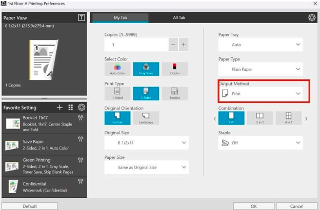 Output Methods win secure print